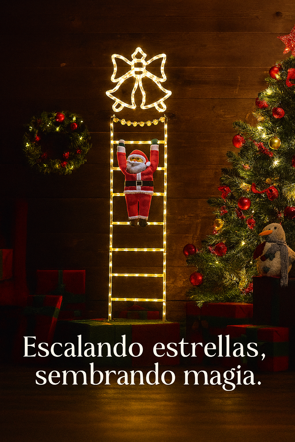Viejo Pascuero En Escalera Con Luz