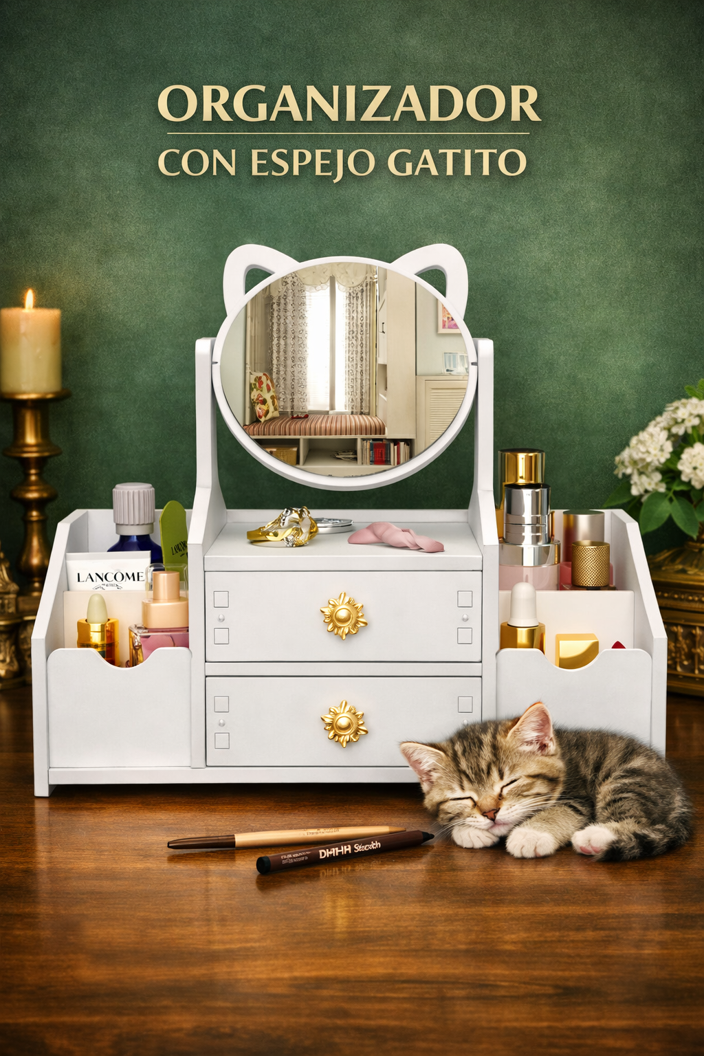 ORGANIZADOR DE MAQUILLAJE CON ESPEJO GATITO