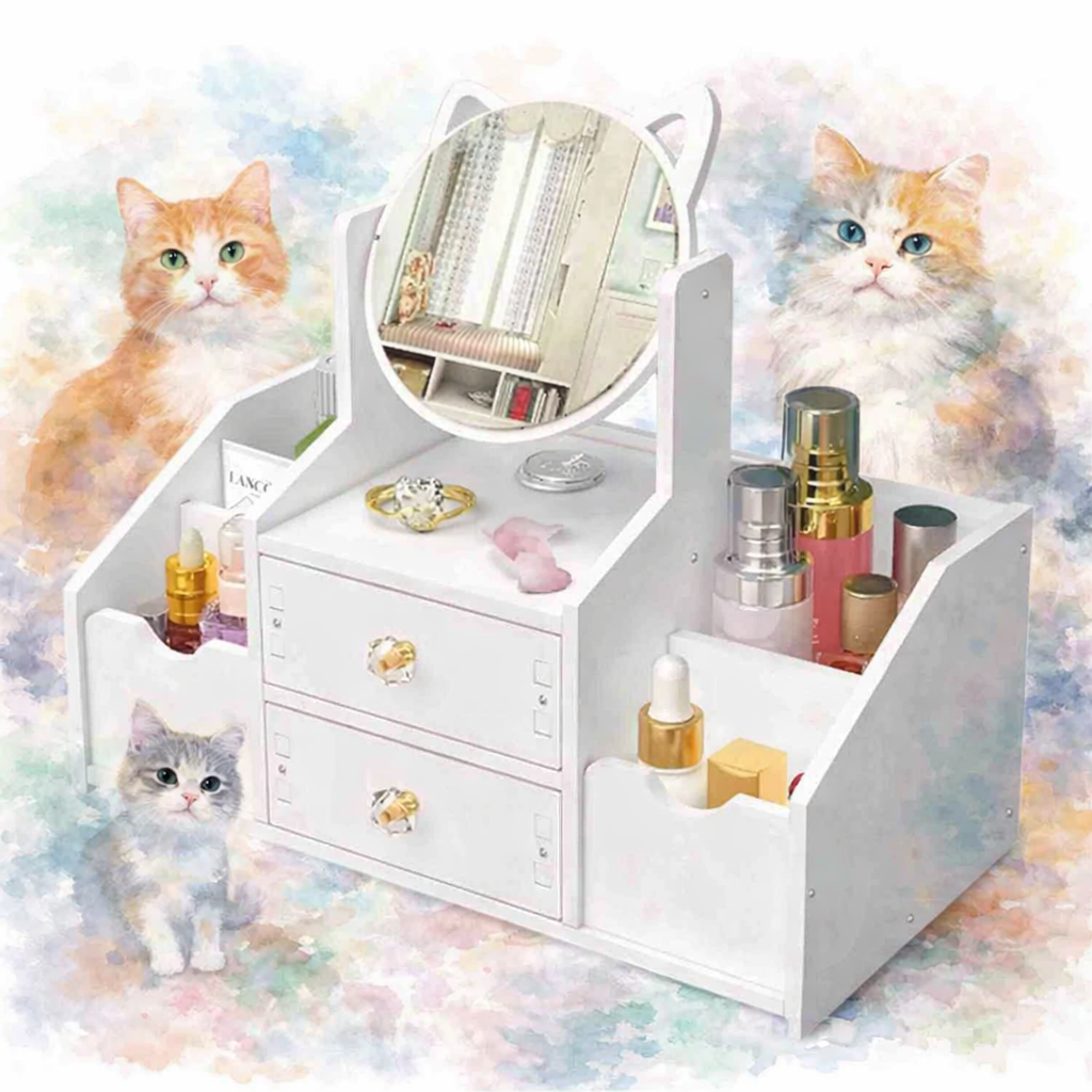 ORGANIZADOR DE MAQUILLAJE CON ESPEJO GATITO